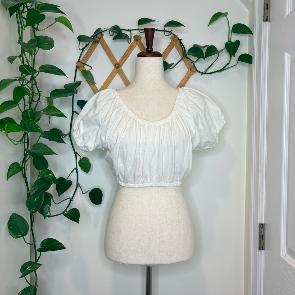 VINTAGE Fragile Cotton White Crop Peasant Top